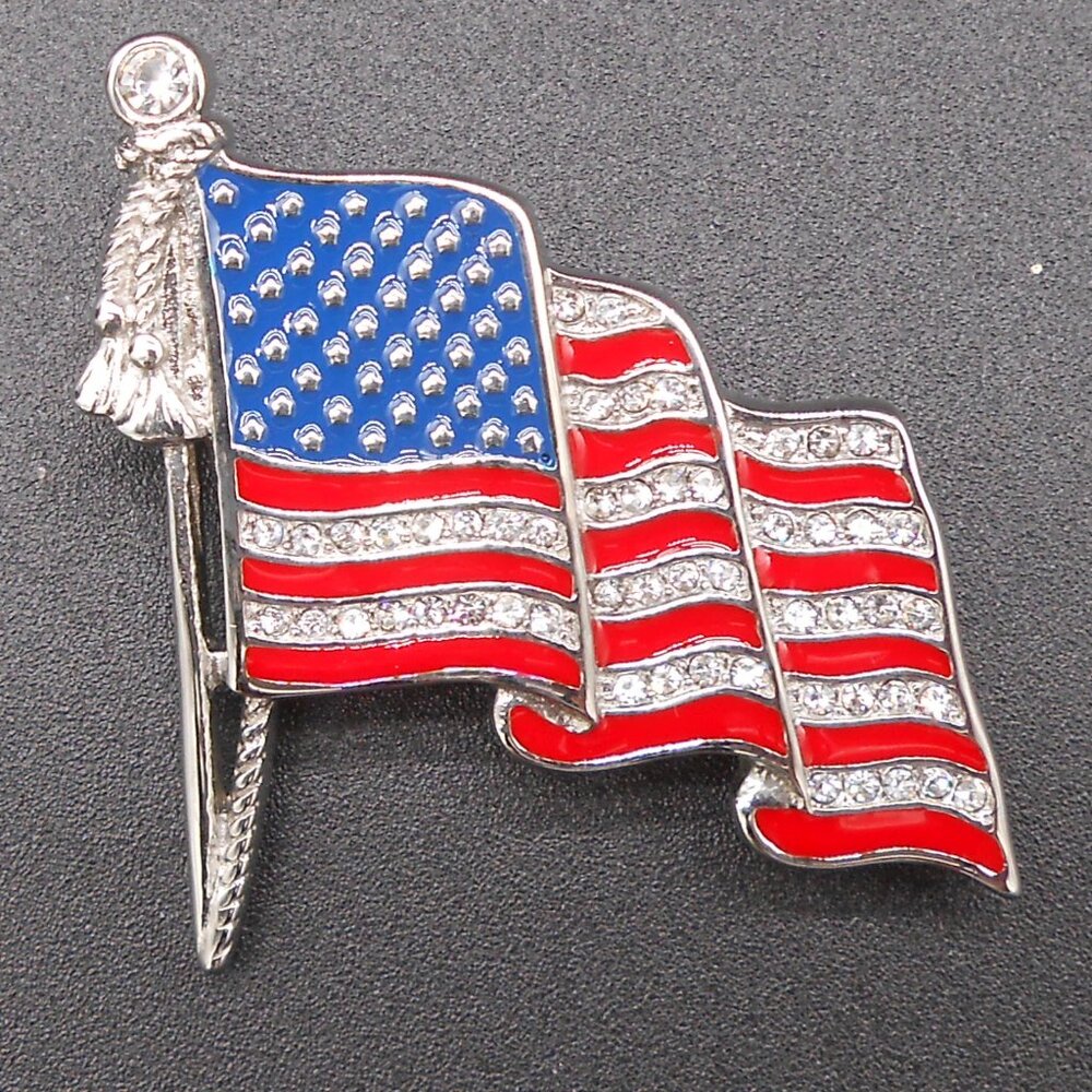 Brooch, White Austrian Crystal and Enameled American National Flag in Stainless